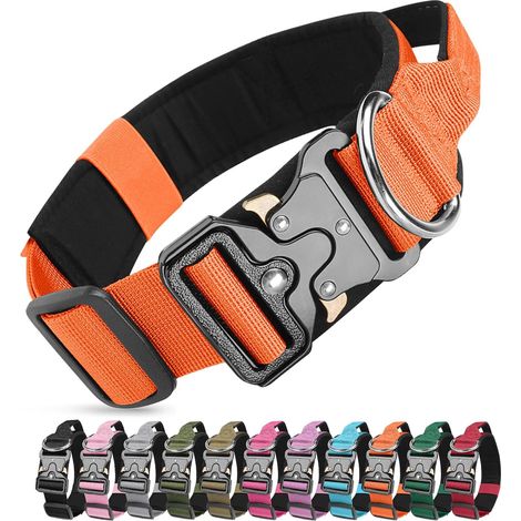 Collier de Chien Tactique, Militaire Collier Réglable Nylon Chien avec Poignée, Colliers pour Chiens Rembourré avec Boucle en Métal pour Chiens de Taille Moyenne Grand Entraînement (Orange, M) (1/5)