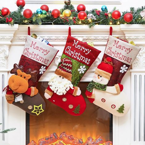 Lot de 3 chaussettes de Noël, 48 cm (19 pouces), grandes chaussettes cadeaux de Noël, Père Noël, bonhomme de neige, renne (1/5)