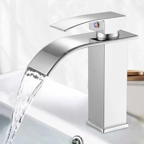 Robinet Lave Main Mitigeur Cascade Salle Bain Argenté, Bec Cascade 110 MM, Acier Inoxydable, Montage sur Pont, Monotrou, Chromé, Gris (1/5)