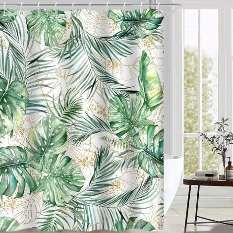 Rideau Douche Anti Moisissure, Rideau de Douche 180x180cm Tropical Vert Jaune Feuilles de Palmier Jungle Rideaux de Baignoire Tissu Lavable Imperméable Rideaux Salle de Bain avec 12 Crochets - 180L X (1/5)