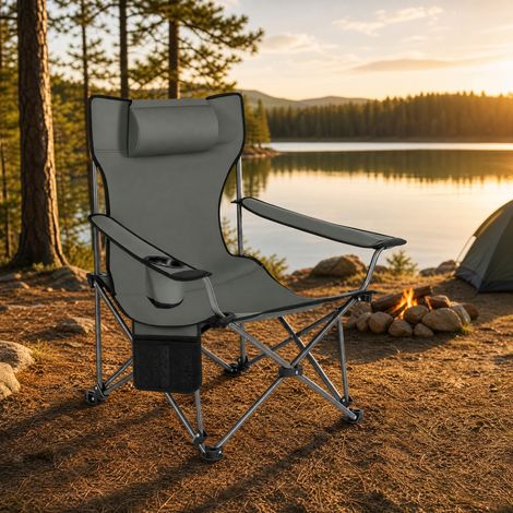Silla de camping plegable, respaldo ajustable, reposapiés extraíble, portavasos y bolsillo, tejido Oxford gris (1/5)
