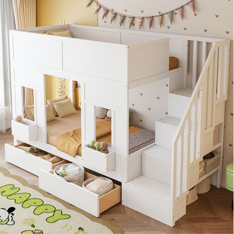 Lit superposé 90x200 cm, lit enfant avec 2 tiroirs,escalier de rangement, lit 2 places, Barrière de sécurité, design moderne, Blanc (1/5)