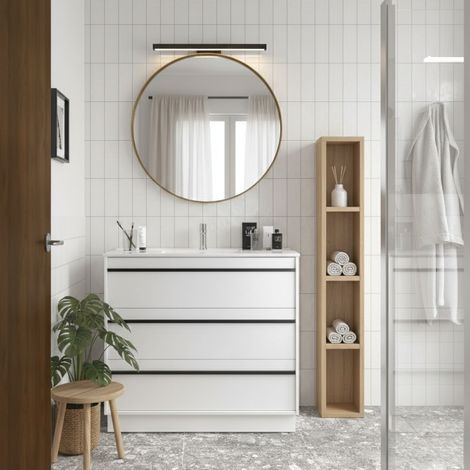 Mobile Bagno a Terra 100 cm con Lavabo in Ceramica e 3 Cassetti Bianco Satinato – Urban