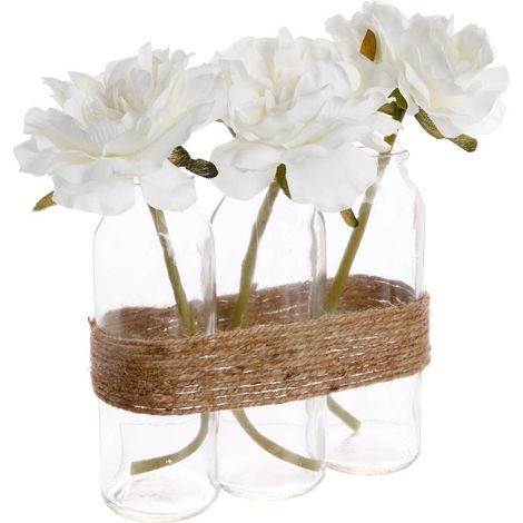 Ac-Deco – Composition florale 3 roses blanches artificielles dans 3 vases en verre – Dimensions 17x5,5x23cm – Corde en chanvre décorative