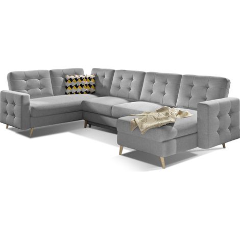 Canapé d'angle panoramique convertible tissu gris clair Gracia (1/5)