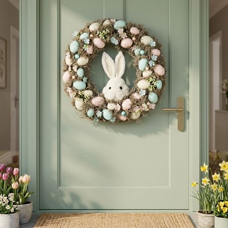 Easter Wreath Pastel Eggs & White Rabbit