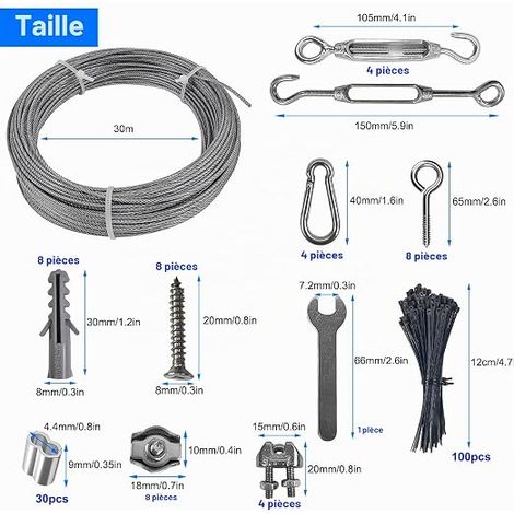 Cable Tensioner Steel Rope Suspension Kit, 30 m Φ2 mm PVC Coated Stainless Steel Cable, M4 Tensioner and Hook, Metal Cable Clamp, for Outdoor Clothesline (1/4)