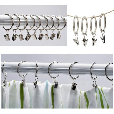 Tringle à rideaux/barre de douche haute résistance et antirouille avec double verrouillage renforcé et conception antidérapante utilisant des pinces à rideaux et des anneaux en acier (10 pièces)