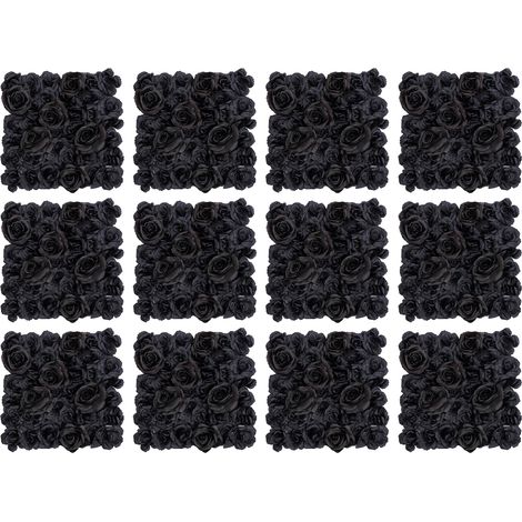 Lot de 12 panneaux muraux de fleurs artificielles, mur de fleurs artificiel, roses noires en soie, fond décoratif pour fête d’halloween, mariage thématique et décoration intérieure - 38x38 cm (1/5)