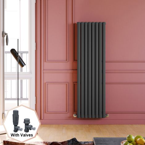 ELEGANT 1600 x 480 mm Anthracite Vertical Column Radiator Double Oval Panel Designer Bathroom Radiators + Anthracite Thermostatic Radiator Valves (1/5)