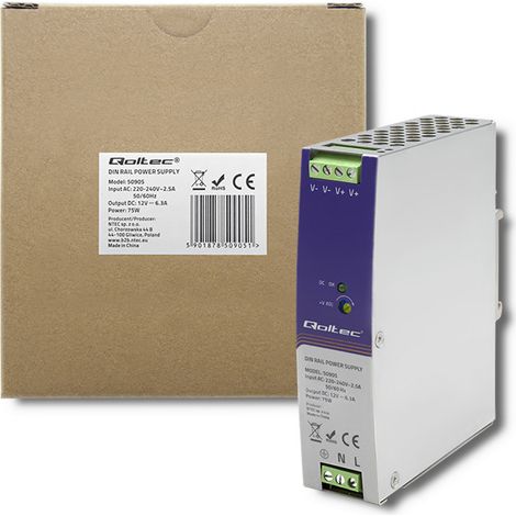 Alimentatore industriale Qoltec per guida DIN 75 W 12 V 6,3 A (1/5)