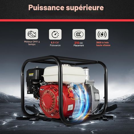 Pompe à eau à essence Moteur 4 temps 6,5 CV Pompe a eau thermique 210 CC 4,8 kW Motopompe Pompe pour eaux usées Raccord de 2 pouce Hauteur de refoulement : 28 m Débit 36m³/h (1/5)