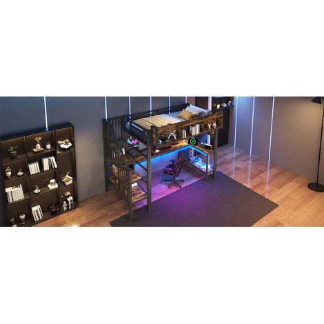 Hochbett 90 x 200 cm MDF & Metall Braun-Schwarz mit Schreibtisch, platzsparend – MEUBLIV (1/5)