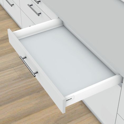 Tiroir TANDEMBOX blanc 400mm hauteur 98,5mm – Amortisseurs BLUMOTION pour fermeture douce – Capacité 30 kg – INT358M400BLS