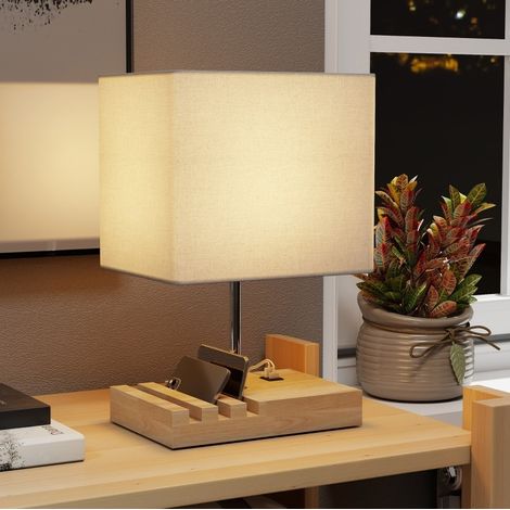 Lampada da comodino 25x20x40.5 cm, con porte USB-A e USB-C, organizer, paralume in tessuto, legno bianco (1/5)