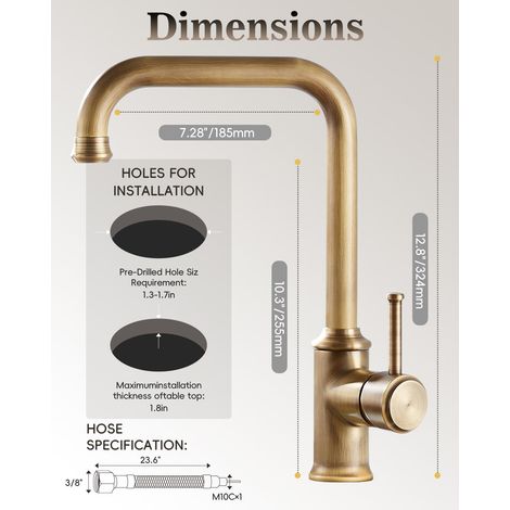 Robinet cuisine bec haut laiton antique – Pivotant 360°, polyvalent pour lavabo – Finition dorée rétro (1/5)