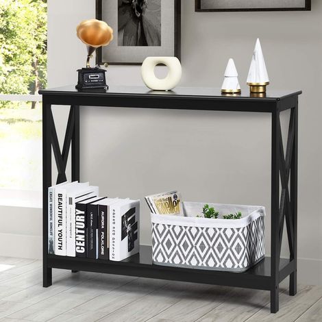 Costway – Table console industrielle 2 niveaux – MDF noir 100 x 30 x 80 cm – Style industriel rustique – Grand espace de rangement (1/5)
