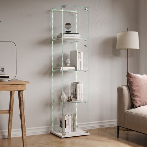 Vitrines en verre, 39.5x35x163cm, 4 étagères, 1 porte, bande lumineuse LED, Vitrine Armoire, Verre Trempé, pour Salon,Chambre, Blanc
