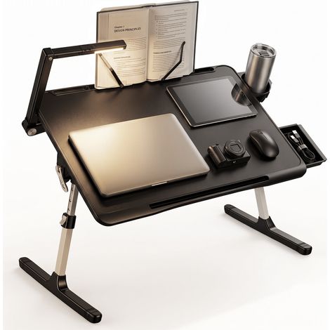 FIANAO – Laptoptisch – Betttisch – faltbar, 5-fach höhenverstellbar – mit LED, Schublade, Becher- und Handyhalter, Buchhalter – Ideal für Sofa & Boden – Maße: 60 × 40 × 36 cm – Schwarz (1/5)