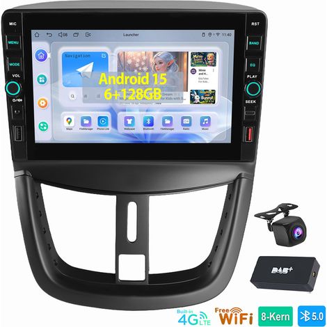 8 cœurs CarPlay 6+128GB Android15 Autoradio Pour Peugeot 207 CC GPS WIFI 4G BT DAB CAM