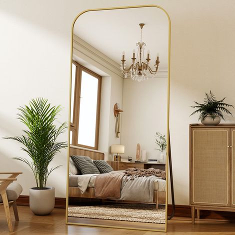 Koonmi Miroir Plein Longueur 76x170 cm – Grand Miroir sur Pied À Sommet Arqué Et Base Droite – Doré
