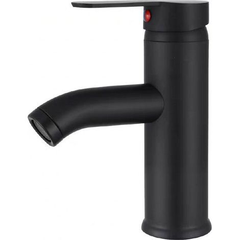 Grifo mezclador de lavabo tipo cascada negro, grifo monomando bajo para lavabo de baño, caño redondo pequeño de latón, agua fría y caliente opcional, altura del caño 70 mm (1/5)
