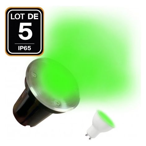 Lot de 5 spots en inox 304 encastrables de sol EUROPALAMP IP65 avec ampoules GU10 5 W vert (1/4)