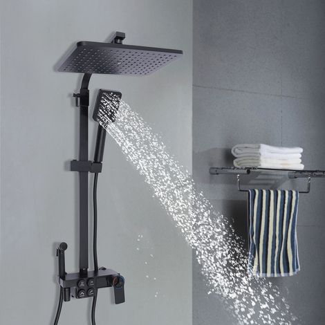 Colonne de Douche Noire Thermostatique avec Mitigeur en Laiton, Ciel de Douche 29x19cm, Pompe à Main Carrée, Réglable en Hauteur - Colonne de Douche avec Affichage de la Température (1/5)
