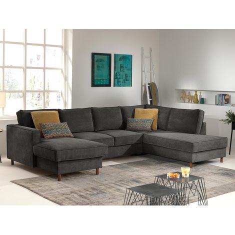 Lisa Design – Canapé panoramique d'angle droit convertible avec coffre – 7 places – Revêtement velours côtelé – Structure bois massif – Dimensions L297 x P198 cm