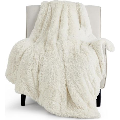 Couverture crème en fausse fourrure – Couvertures duveteuses, moelleuses et à poils longs, Sherpa doux et épais, cadeau décoratif confortable et chaleureux, 127 x 152,4 cm, 640 g/m² (1/5)
