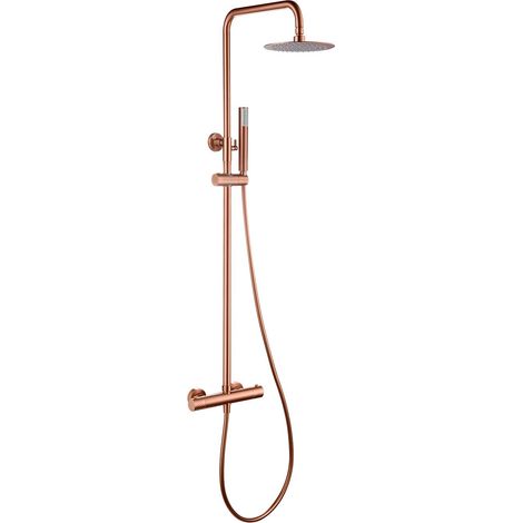 IMEX Set ducha termostático oro rosa en acero y latón con acabado PVD asta extensible rociador extraplano antical cartucho termostático TURN CLEAN SYSTEM modelo GENOVA Imex-BTG053-ORC