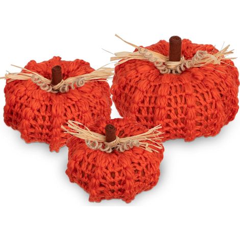 Decorazione Autunnale Set 3 Zucche Artificiali Maglia Arancioni (1/5)