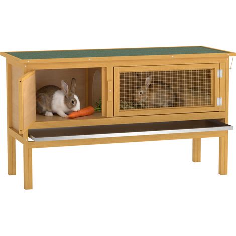 Hasenstall Kaninchenstall aus Holz mit aufklappbarem Dach, 2 Türen, auslaufsicherer Schale, 115x44,3x65 cm Hellgelb (1/5)