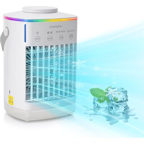 Climatiseur portable sans tuyau 3 en 1, ventilateur de refroidissement par évaporation avec humidificateur et minuterie à 4 vitesses – LED blanche-AquaForge