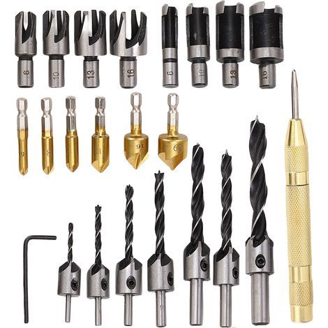 Outils de perçage de chanfrein pour le travail du bois, 6 pièces à tige hexagonale de 1/4 po, 5 cannelures, foret à fraise à 90 degrés, 7 pièces, 3 embouts, 8 pièces, coupe-bouchon en bois, 1 ouvre-tr (1/4)