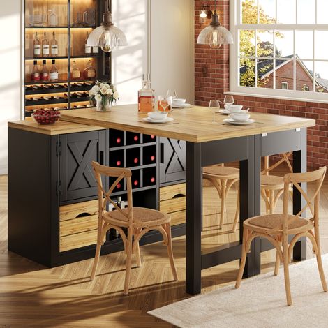 Ausziehbarer Kücheninsel-Esstisch, Multifunktionaler Esstisch mit Sideboard, 360° drehbare Tischplatte, ausziehbarer Küchentisch mit großem Stauraum, Wohnzimmer Schrankwand, Schwarz (1/5)