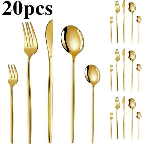 (20 pièces) couverts en acier inoxydable doré, luxueux couverts portugais dorés, parfaits pour les réunions festives. (1/4)