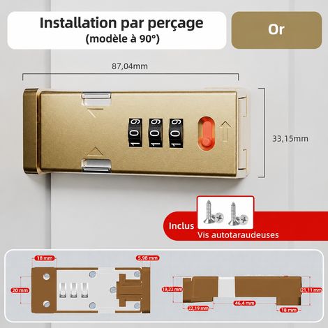 Verrou de porte à code 90° à visser or sablé en alliage de zinc et plastique 90 réf 3339 11 × 5 × 3,2 cm 235 g – Livraison gratuite