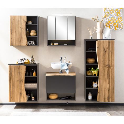 Badezimmermöbel Set in anthrazit mit Wotan Eiche Nb. in Baumkantenoptik KAHLA-03 LED Spiegelschrank und Keramik Waschbecken, B/H/T: ca. 221/200/40 cm (1/5)