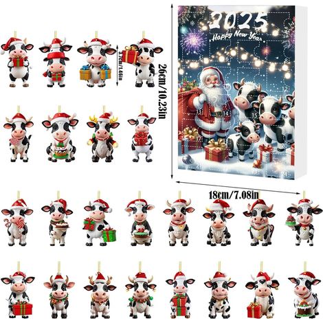 Calendrier de l'Avent Vache 2025, 24 jours, compte à rebours de Noël avec décorations suspendues en acrylique 2D représentant une vache des Highlands, adorable décoration pour sapin de Noël (1/5)