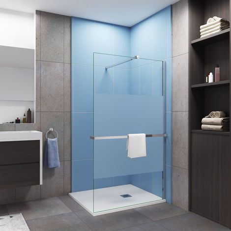 Paroi de douche à l'italienne en bande central dépoli 100x200cm avec porte serviette-étagère chromé et une barre de fixation forme carré extensible (1/5)