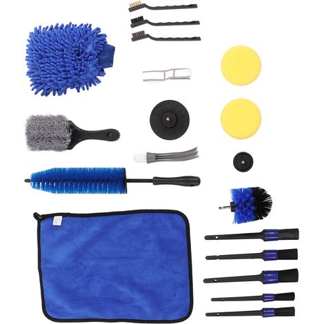 18-teiliges Autopflege-Set mit Bürsten: Reifenbohrbürste, Waschhandschuh, Handtuch, Wachspad, Felgen- und Auspuffreinigungswerkzeug (1/5)