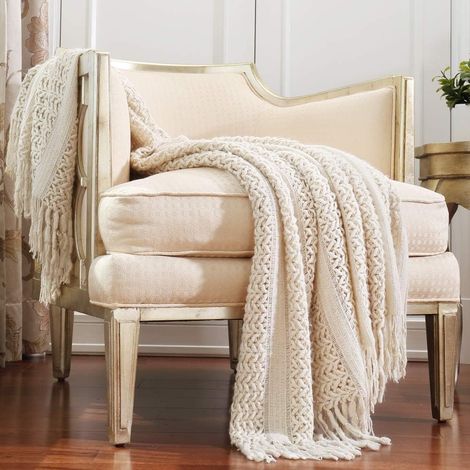 Plaid décoratif, Doux, Chaud, Confortable, léger pour Maison, canapé, Chaise, lit, Voyages - 127 x 152 cm, Beige/Ivoire (1/5)
