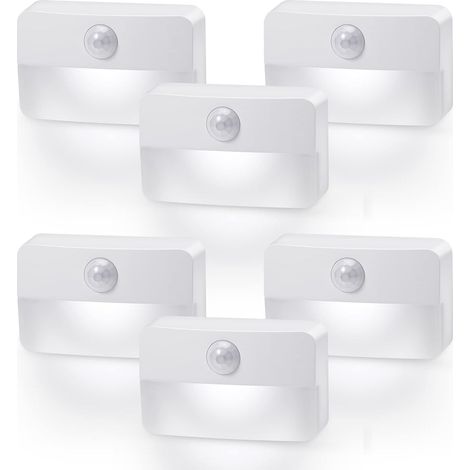6 Lampes de Nuit Auto Collantes, Lampes d'Intérieur à Détecteur de Mouvement, Lampes à Piles, Allumage et Extinction Automatiques, Lampes de Placard pour Salle de Bain, Placard - Blanc Pur 6500K (1/5)