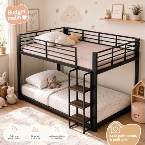 Letto a castello per bambini 140 x 200 cm in metallo con scala in legno e scaffale, nero DESVIAE (1/5)