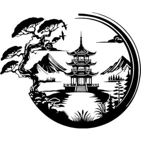 Décoration murale en métal de 30 cm, bonsaï et statue de porte de Torii, décoration de chambre de style japonais, décoration murale noire pour salon, chambre à coucher, salle à manger (1/5)