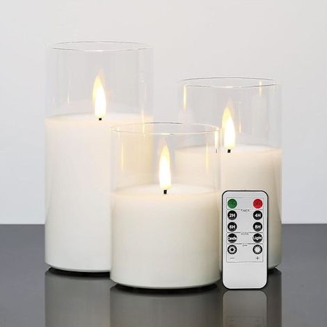 Bougies LED en verre transparent avec télécommande, effet flamme réaliste, sans flamme, lot de 3, diamètre 7,6 cm, hauteur 10,2 cm, 12,7 cm, 15,2 cm (1/5)