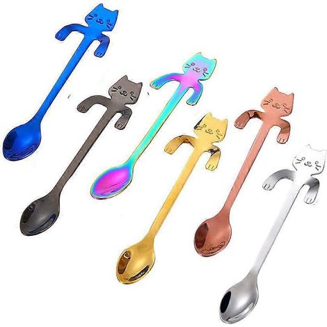 Katzenlöffel-Set für Kaffee und Teelöffel, Hänge-Teelöffel aus Edelstahl, niedlicher, langer Mini-Löffel in Kätzchenform zum Mischen von Desserts, Getränken und Milchshakes (mehrfarbig) (1/5)