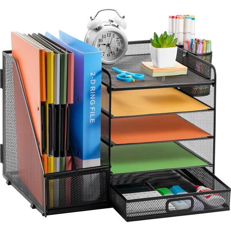 Organisateur de Bureau avec Porte-Documents,5 Niveaux - Porte-Lettres avec Tiroir et 2 Porte-Stylos - Compartiments de Rangement en Maille pour Fournitures de Bureau(Noir)