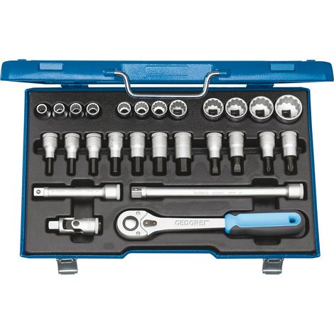 Gedore Steckschlüsselsatz, Set 27tlg, 6-/12-kant, 1/2 Zoll, 10-30mm, Werkzeug, Knarre Umschalthebel, für KFZ, D19 IMU 10